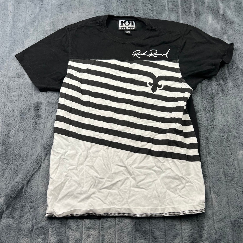 Rock Revival Mens Black White Striped Logo T-Shirt FBA4329 Size M